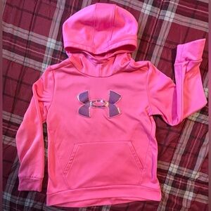 UA pink fleece hoodie with iridescent pink logo. Size YL excellent condition